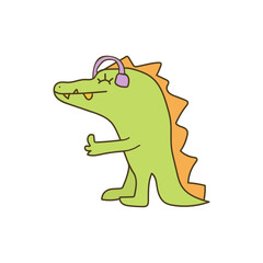 Dinosaur, dragon, listening to music in headphones, hand drawn. Cartoon animals isolated on white background. Doodle. Vector