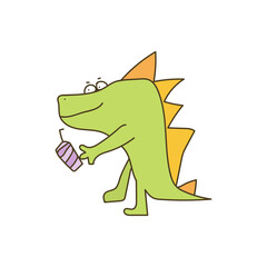 Dinosaur, dragon, drinks cocktail, hand drawn. Cartoon animals isolated on white background. Doodle. Vector