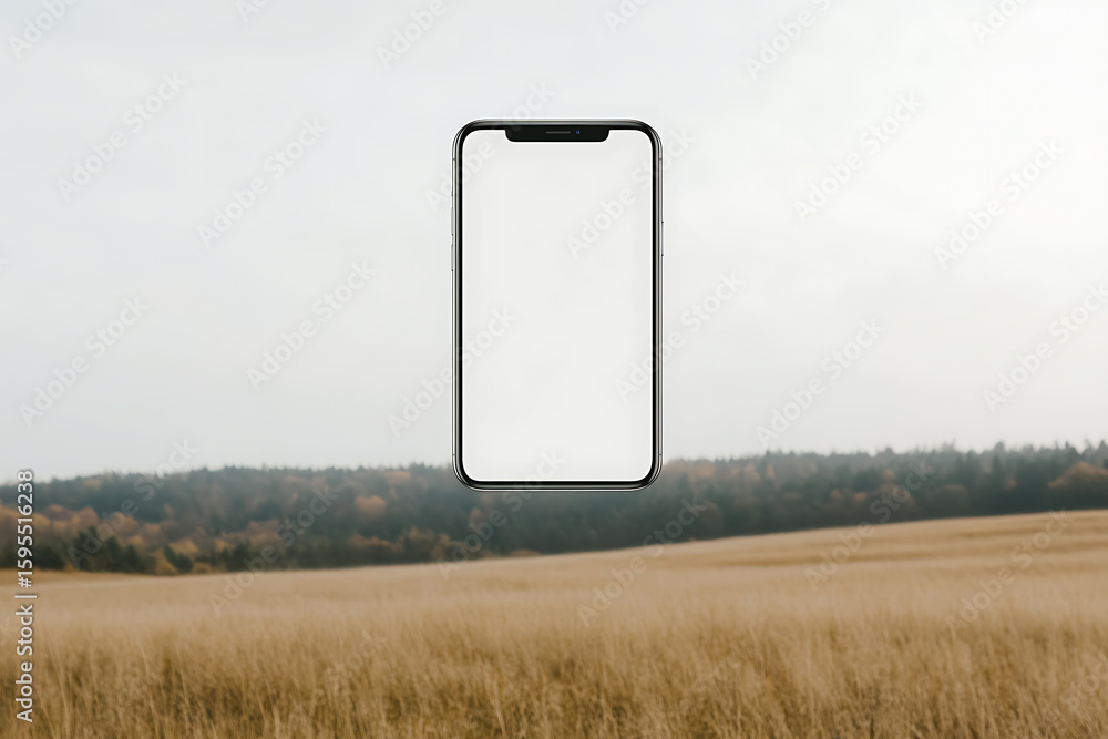Poster smartphone floating in a scenic landscape with a field and forest in the background, perfect for dem