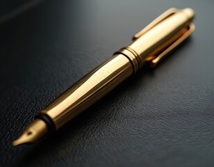 Elegant gold fountain pen positioned on textured black leather surface. Radiant metallic writing instrument suggests sophistication, luxury, classic business style. Premium accessory for signatures,