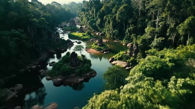 Aerial view of the prasat thom temple ruins nestled on an island in the middle of a river, surrounded by a dense jungle in koh ker, cambodia