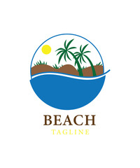Beach Logo with Palm Tree, Sunset, and Ocean Waves, Palm tree logo on beach logo
