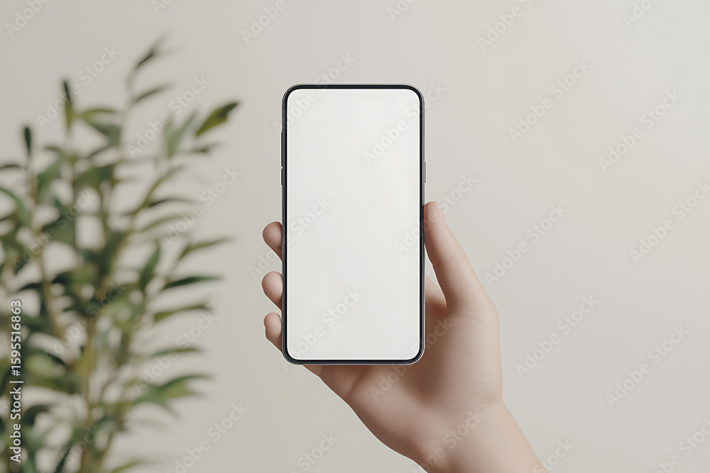 Poster minimalist smartphone display: a hand holds a sleek mobile device with a blank screen against a mute