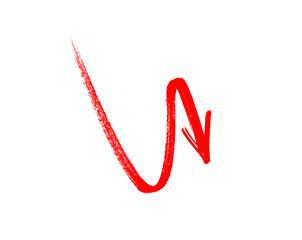 Hand-Drawn Red Wavy Down Arrow on White Background - Brush Stroke Symbol for Decrease, Direction, Decline, and Sales Chart, 