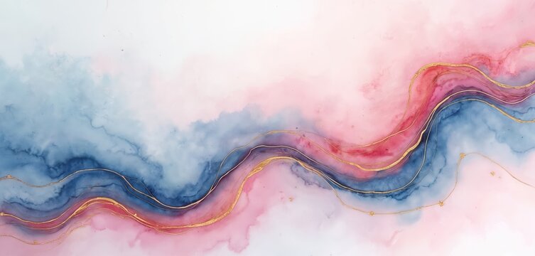 Soft pastel pink, blue watercolor washes blend with elegant gold lines. Abstract marbled paper texture evokes fluid motion, contemporary style, perfect for modern design backgrounds artistic print