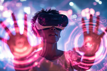 Boy using VR headset & AI technology in smart classroom. Artificial intelligence, machine learning, virtual reality in education. Interactive learning, innovation, digital tools, futuristic school, 