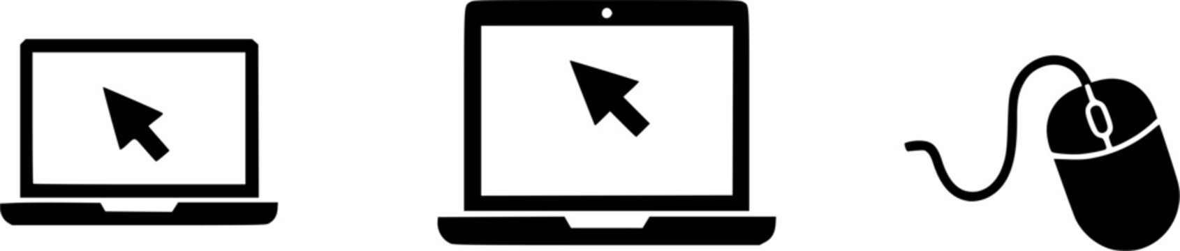 Set of laptop with computer mouse vector icons. Monitor with pointer or cursor. Notebook and arrow. Vector 10 Eps.

