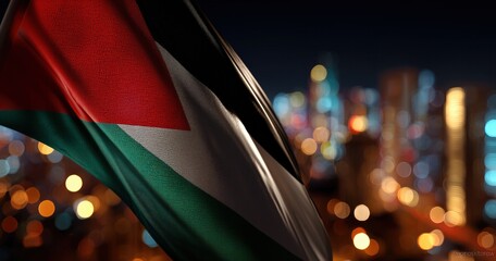 Le drapeau palestinien, vue en gros plan avec des lumières urbaines avec effet bokeh en arrière-plan, concept de patriotisme.