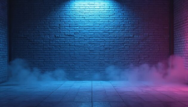 Empty room with textured brick wall, tiled floor. Lit by blue, pink neon lights, with wisps of smoke. Industrial grunge interior, raw urban atmosphere. Suitable for product backdrops, music videos,