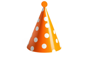 Bright orange polka dot party hat with a small orange pompom on top isolated on transparent background