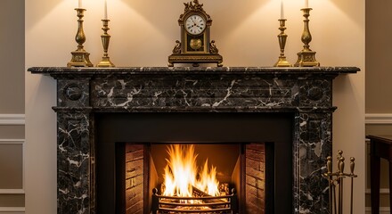 Elegant marble fireplace with burning fire, flanked by antique lamps and a clock.