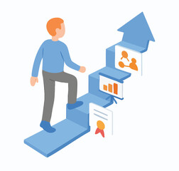 Isometric Illustration Man Walking Up Arrow Stairs Career Development Concept
