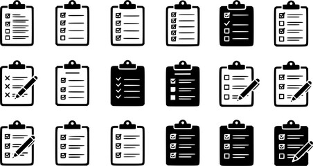 Set of checklist vector icons. Clipboard icon on white background. Vector 10 Eps.
