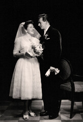 Slovakia - circa 1959: Vintage portrait of bride and groom on their wedding day. Retro.