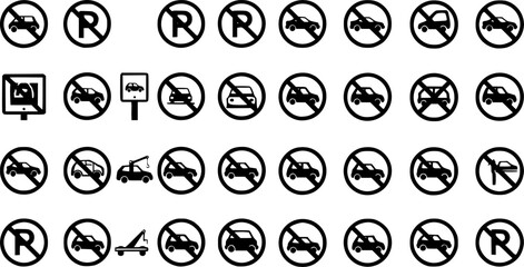Set of no parking road vector signs. Tow car away icons. Warning traffic sign. Vector 10 Eps.
