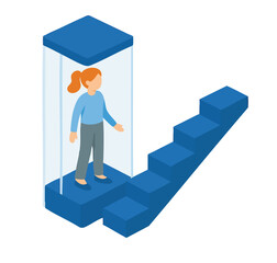 Isometric Flat Style Elevator or Lift and Stairs Metaphor Illustration