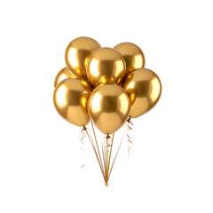 Shiny bunch of golden party balloons with attached ribbons on transparent background