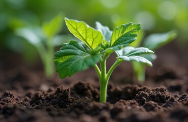 Young cucumber plant sprouts from rich soil in organic garden. Fresh green leaves unfurl, showing healthy growth and cultivation. Perfect for agriculture, gardening, and home farming concepts.