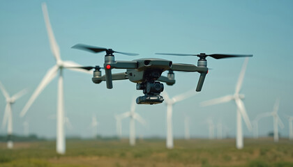Drone hovers near wind turbines for aerial inspection. Advanced technology uses digital tools for efficient data collection in a vast wind farm. Clean energy monitoring with high-tech aerial survey.