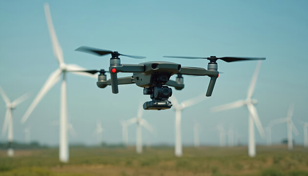 Drone hovers near wind turbines for aerial inspection. Advanced technology uses digital tools for efficient data collection in a vast wind farm. Clean energy monitoring with high-tech aerial survey.