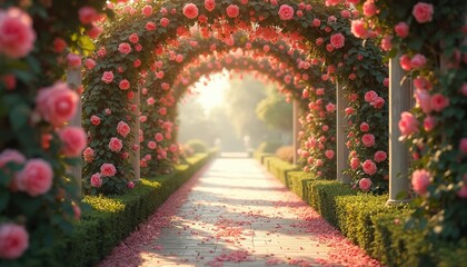 Romantic rose garden with blooming pink roses creates archways along path. Rich green bushes line walkway strewn with fallen petals. Soft sunlight filters through blossoms, creating serene,
