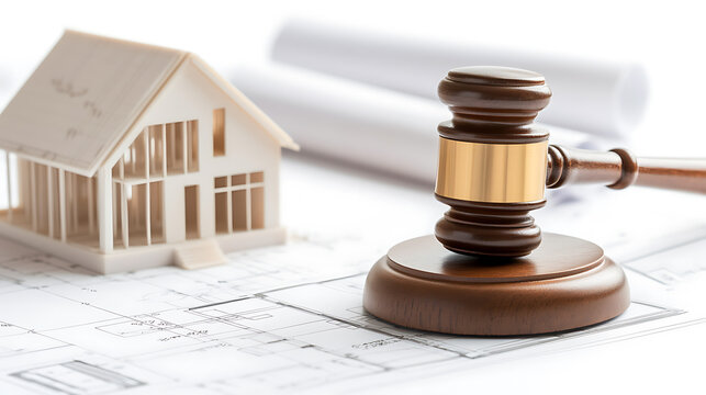 A gavel rests on architectural plans next to a miniature house, symbolizing legal aspects of home building, construction, and real estate development. - Powered by Adobe