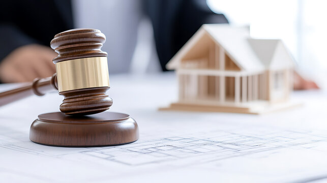 Legal aspects of property: gavel resting on architectural plans with house model hinting at building regulations and design approval.