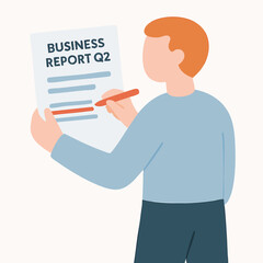 Minimalist Flat Illustration Man Writing on Business Report Q2 Document