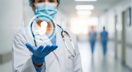 A doctor in a hospital hallway holds a glowing hologram of a fetus with a heartbeat monitor