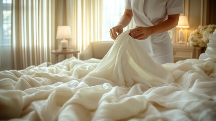 Hotel staff member neatly tucking in fresh white linens copy space