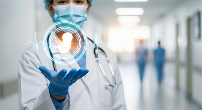 A doctor in a hospital hallway holds a glowing hologram of a fetus with a heartbeat monitor