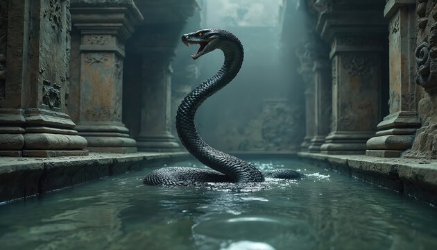 Majestic black cobra snake emerges from water in ancient temple ruins. Textured scales, piercing orange eyes. Dramatic lighting, atmospheric mist. Symbolizes power, danger, mythology, sacred sites.