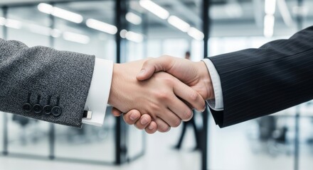 Two businessmen in suits shaking hands in a modern office setting, symbolizing a successful deal