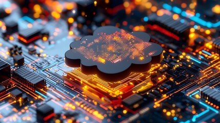 A complex circuit board with a glowing cloud graphic.