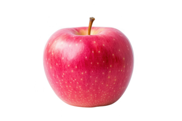 A single ripe red apple with a brown stem and yellow speckles isolated on transparent background
