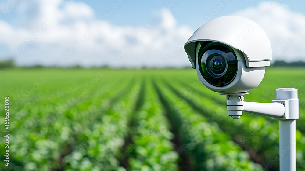 Poster surveillance in the fields: camera monitoring crop growth and security on a farm with a clear sky ov