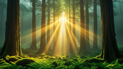 Golden sunbeams pierce through ancient forest canopy trees sunlight