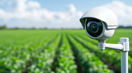 Surveillance in the fields: Camera monitoring crop growth and security on a farm with a clear sky overhead. Smart agriculture and precision farming technology.