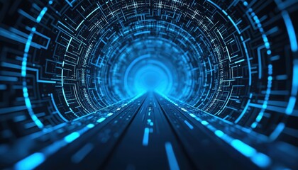 Futuristic digital tunnel illustration with vibrant blue light trails, data flow. Abstract background represents network connection, cyberspace, technology innovation, high-speed travel through