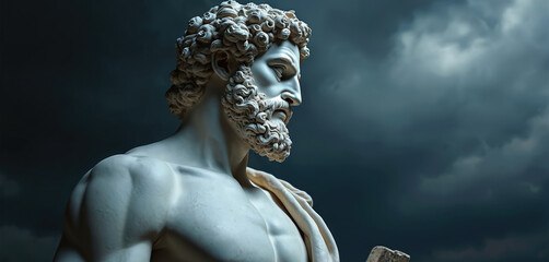 Marble sculpture of stoic figure against dark, cloudy sky. Ancient statue evokes Roman Greek inspiration with dramatic, cinematic lighting, powerful presence. Timeless piece of art with historical