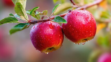 Two ripe apples covered in water droplets hanging from a branch.