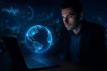 Businessman Analyzing Global Data with Holographic Earth and Digital Graphs, Stocks, Finances
