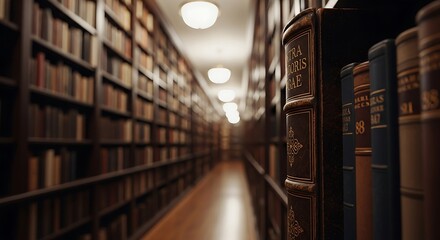 A long, dimly lit library aisle filled with towering bookshelves and antique books.