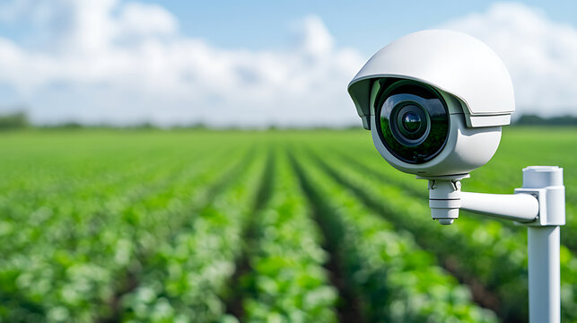 Surveillance in the fields: Camera monitoring crop growth and security on a farm with a clear sky overhead. Smart agriculture and precision farming technology.