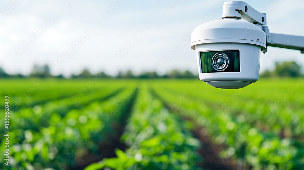 Poster security camera monitoring a field with rows of crops, capturing safety and surveillance, and sugges