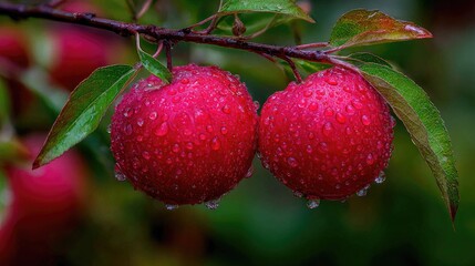 Obraz premium Two ripe apples covered in water droplets hang from a branch.