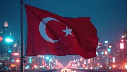 Turkish flag waves in wind against blurred city skyline at night. Crescent moon, star emblem prominent on red background. Urban landscape with bright bokeh lights creates dynamic patriotic atmosphere.