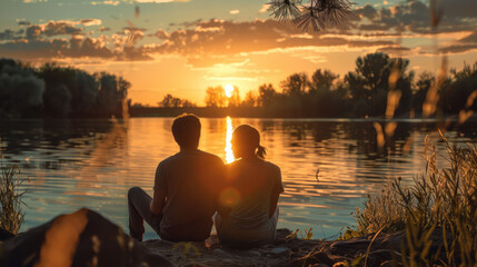 Couple watches sunset over calm waters. Serene lakeside moment shared in nature's golden light. Romantic view.