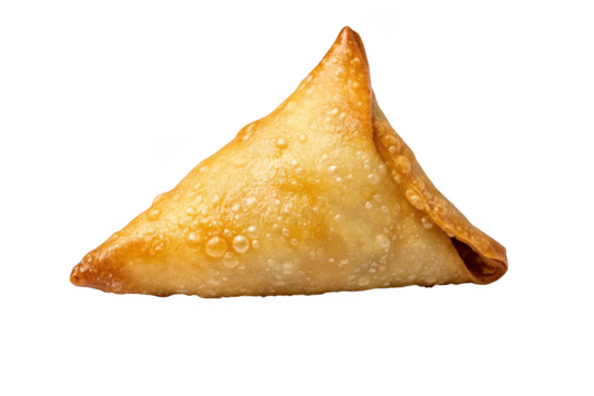 Golden brown triangular samosa pastry with crispy texture and bubbly surface isolated on transparent background