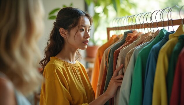 Young woman inspects stylish garments at community clothing swap event focused on sustainable fashion. Carefully considers options, engaging in environmentally friendly shopping, exchange of apparel.